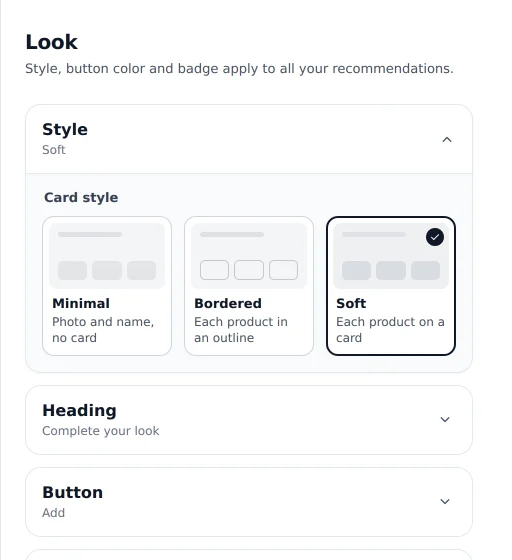 The Look panel with Style open. It offers Minimal, Bordered and Soft, and Soft is selected. Heading and Button follow.