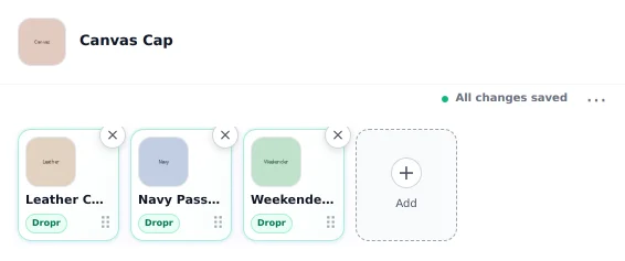 One product on Dropr's Products page: three products shown with it, each marked Dropr with a remove button, an Add button, and the words All changes saved.