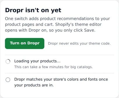 Dropr's Home page with the heading Dropr isn't on yet, a Turn on Dropr button, and a line that says Loading your products.