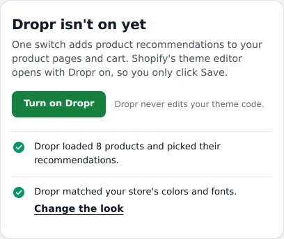 Dropr's Home page with the heading Dropr isn't on yet and a green Turn on Dropr button.