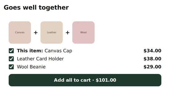 A Goes well together box on a product page: the cap being viewed plus a card holder and a beanie, each with a checkbox, and an Add all to cart button with the total.