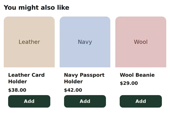 A You might also like row of three products on a product page, each with its price and an Add button.